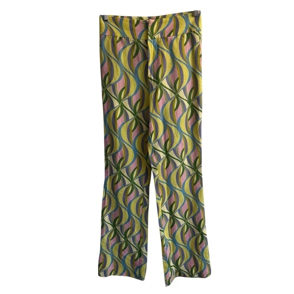 NWOT Zara Printed Linen Blend Flared Trousers, Multicolor Geometric Print, Sz S